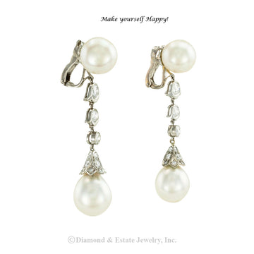 Cartier South Sea cultured pearls and diamond platinum drop earrings circa 1990.  Jacob's Diamond & Estate Jewelry.