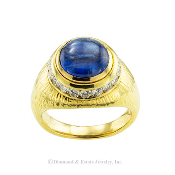 Hammerman Brothers Cabochon Sapphire Diamond Yellow Gold Ring - Jacob's Diamond and Estate Jewelry