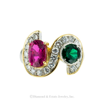Pink tourmaline emerald and diamond platinum and 20-karat gold ring circa 1990. Jacob's Diamond & Estate Jewelry.