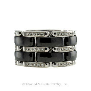 Chanel Black Ceramic Diamond White Gold Ultra Wide Flex Ring Size 5 1/4 - Jacob's Diamond and Estate Jewelry