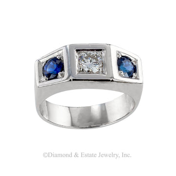 Art Deco diamond, sapphire, and platinum three stone-ring circa 1930.