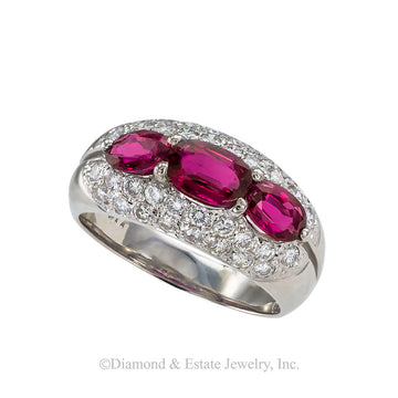 Estate ruby, diamond, and platinum three-stone ring circa 1990.  