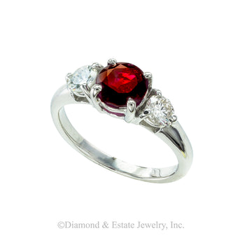 AGL report certified no heat 1.52 carats Burma Ruby diamond and platinum three-stone ring. Jacob's Diamond & Estate Jewelry.