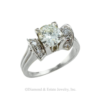 GIA report certified 1.24-carat diamond and white gold Retro engagement ring circa 1950. Jacob's Diamond & Estate Jewelry.