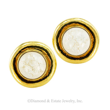Elizabeth Gage rock crystal and yellow gold button clip-on earrings circa 2001. Jacob's Diamond & Estate Jewelry.