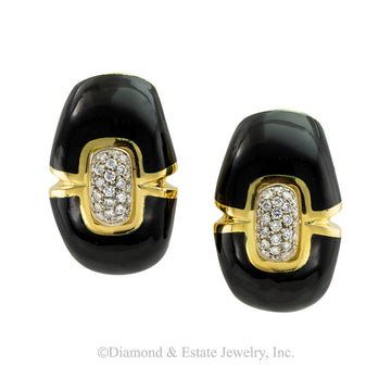 Black enamel diamond and gold clip-on and post earrings circa 1970. Jacob's Diamond & Estate Jewelry.