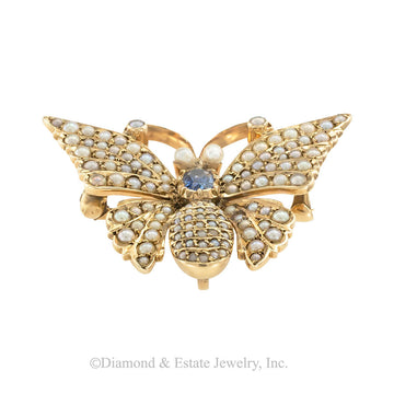 Victorian blue sapphire seed pearl and gold butterfly brooch pendant with watch hook circa 1890. Jacob's Diamond & Estate Jewelry.