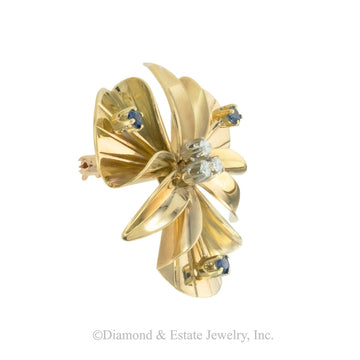 Tiffany & Co Diamond Sapphire Yellow Gold Orchid Brooch - Jacob's Diamond and Estate Jewelry