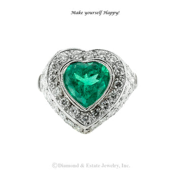 Heart-shaped emerald and diamond estate platinum ring.  Jacob's Diamond & Estate Jewelry.