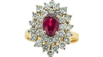 Oval Ruby Diamond 14k Yellow Gold Cluster Ring Circa 1980s
