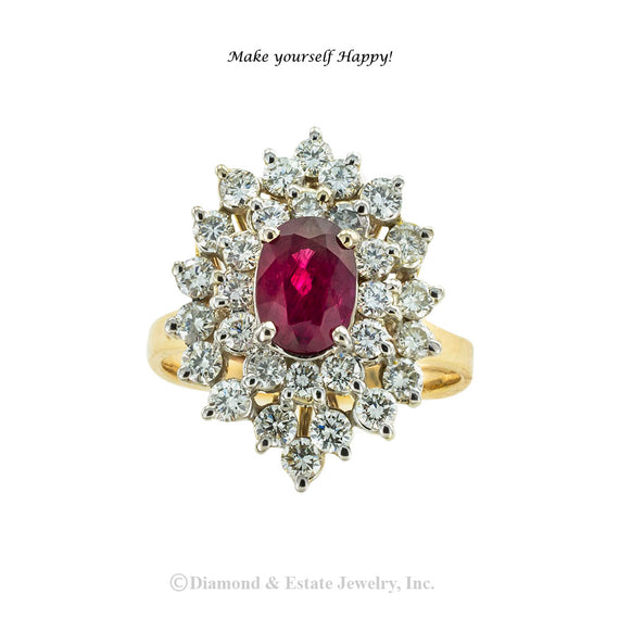 Approximately 1.30 carats ruby and diamond gold ring circa 1980. Jacob's Diamond & Estate Jewelry.