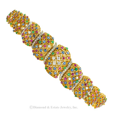 Precious gems and diamonds gold link bracelet circa 1970.  Jacob's Diamond & Estate Jewelry.