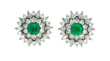 Emerald Diamond Platinum Cluster Earrings
