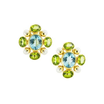Blue topaz peridot cultured pearl and diamond day-into-night yellow gold drop earrings by Maz. Jacob's Diamond & Estate Jewelry.