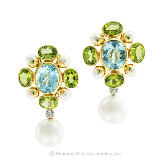 Blue topaz peridot cultured pearl and diamond day-into-night yellow gold drop earrings by Maz. Jacob's Diamond & Estate Jewelry.