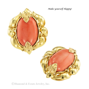 Natural coral and gold large-scale clip-on earrings circa 1970. Jacob's Diamond & Estate Jewelry.