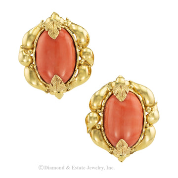 Natural coral and gold large-scale clip-on earrings circa 1970. Jacob's Diamond & Estate Jewelry.