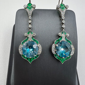 Blue Zircon Emerald Diamond Platinum Dangling Earrings - Jacob's Diamond and Estate Jewelry