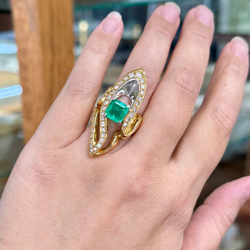 Colombian Emerald Diamond Two Tone Gold Cocktail Ring - Jacob's Diamond and Estate Jewelry