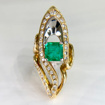 Colombian Emerald Diamond Two Tone Gold Cocktail Ring - Jacob's Diamond and Estate Jewelry
