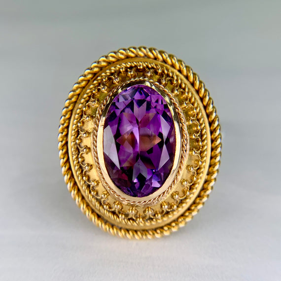 1880s Victorian Etruscan Revival Amethyst 14k Gold Ring - Jacob's Diamond and Estate Jewelry