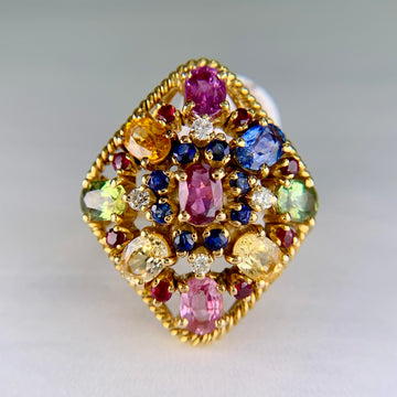 Vintage Multi-Color Sapphire and Diamond Statement Ring 18k - Jacob's Diamond and Estate Jewelry