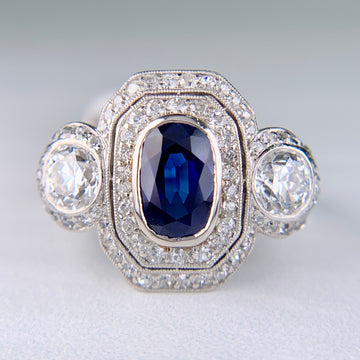 Edwardian Unheated Sapphire Diamond Platinum Ring - Jacob's Diamond and Estate Jewelry