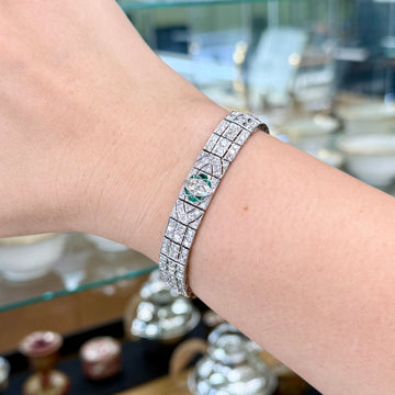 1920's Art Deco Old Cut Diamond and Emerald Bracelet Platinum - Jacob's Diamond and Estate Jewelry
