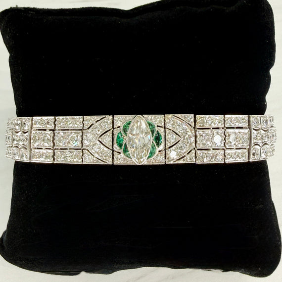 1920's Art Deco Old Cut Diamond and Emerald Bracelet Platinum - Jacob's Diamond and Estate Jewelry