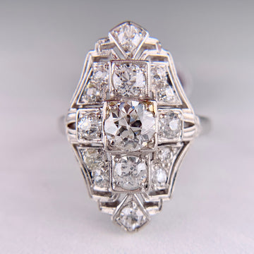 1930's Art Deco Old European Cut Diamond Shield Ring Platinum
