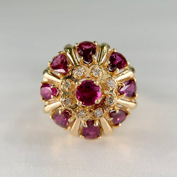 Vintage Ruby and Diamond Harem Princess Ring 14k Yellow Gold