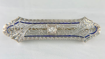 1925 Antique Art Deco Filigree Old European Cut Diamond Brooch 14k White Gold