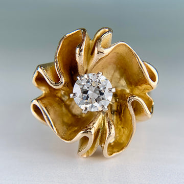 Vintage 1960's Transitional Cut Diamond Floral Statement Ring 14k Yellow Gold - Jacob's Diamond and Estate Jewelry