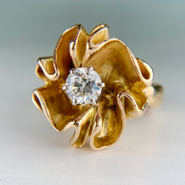 Vintage 1960's Transitional Cut Diamond Floral Statement Ring 14k Yellow Gold - Jacob's Diamond and Estate Jewelry