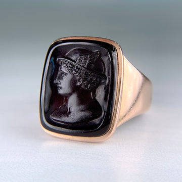Antique Engraved 1888 Sardonyx Intaglio Ring 14k Yellow Gold - Jacob's Diamond and Estate Jewelry