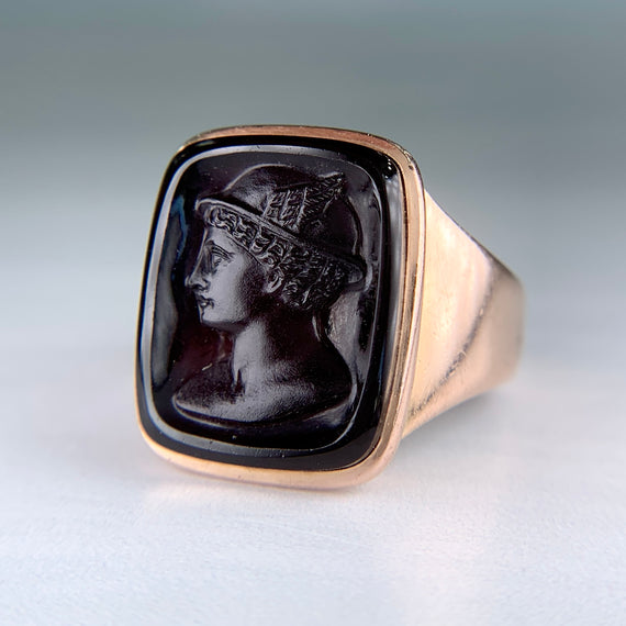 Antique Engraved 1888 Sardonyx Intaglio Ring 14k Yellow Gold - Jacob's Diamond and Estate Jewelry
