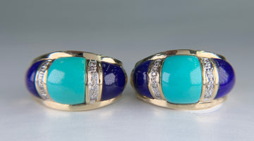 Turquoise and Lapis Lazuli Diamond Earrings 14k Yellow Gold 1990's