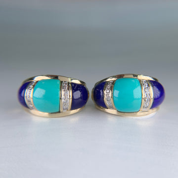 Turquoise and Lapis Lazuli Diamond Earrings 14k Yellow Gold 1990's - Jacob's Diamond and Estate Jewelry