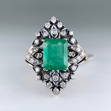 Vintage Victorian Inspired Lab Emerald and Diamond Ring Silver/14k Yellow Gold - Jacob's Diamond and Estate Jewelry
