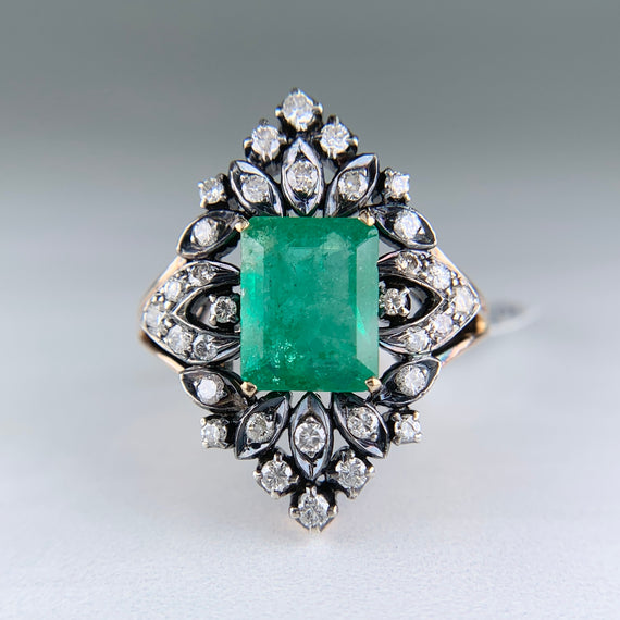 Vintage Victorian Inspired Lab Emerald and Diamond Ring Silver/14k Yellow Gold - Jacob's Diamond and Estate Jewelry