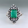 Vintage Victorian Inspired Lab Emerald and Diamond Ring Silver/14k Yellow Gold