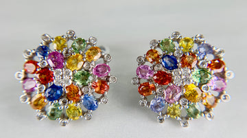 Multi-Color Sapphire and Diamond Cluster Earrings 18k White Gold