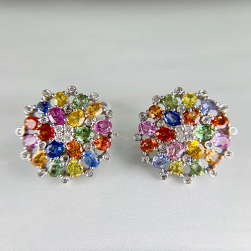 Multi-Color Sapphire and Diamond Cluster Earrings 18k White Gold - Jacob's Diamond and Estate Jewelry