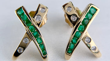 Emerald and Diamond "X" Earrings 14k Yellow Gold