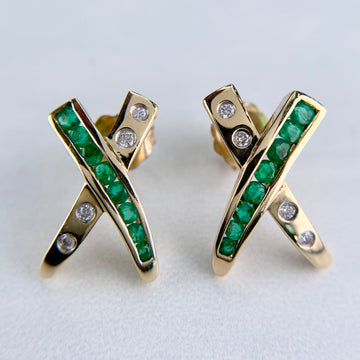 Emerald and Diamond "X" Earrings 14k Yellow Gold