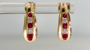 Ruby and Diamond J Shaped Hoop Huggie Earrings 14k Yellow Gold