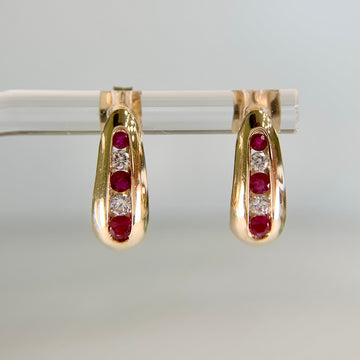 Ruby and Diamond J Shaped Hoop Huggie Earrings 14k Yellow Gold