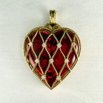 Vintage Red Guilloché Enamel Diamond Locket 18k Yellow Gold - Jacob's Diamond and Estate Jewelry
