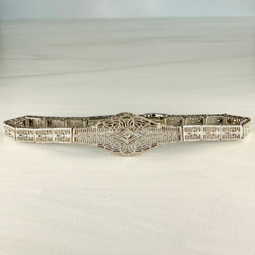 1930's Art Deco Filigree Bracelet made by Esemco 10k White Gold