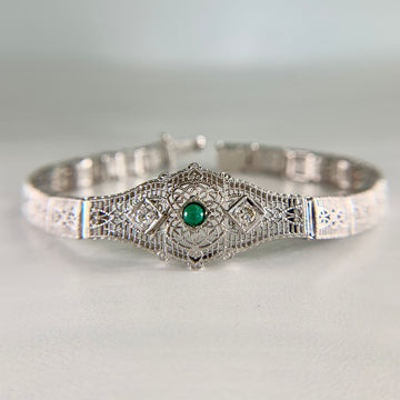1930's Art Deco Filigree Turquoise and Old European Diamond Bracelet 14k White Gold - Jacob's Diamond and Estate Jewelry